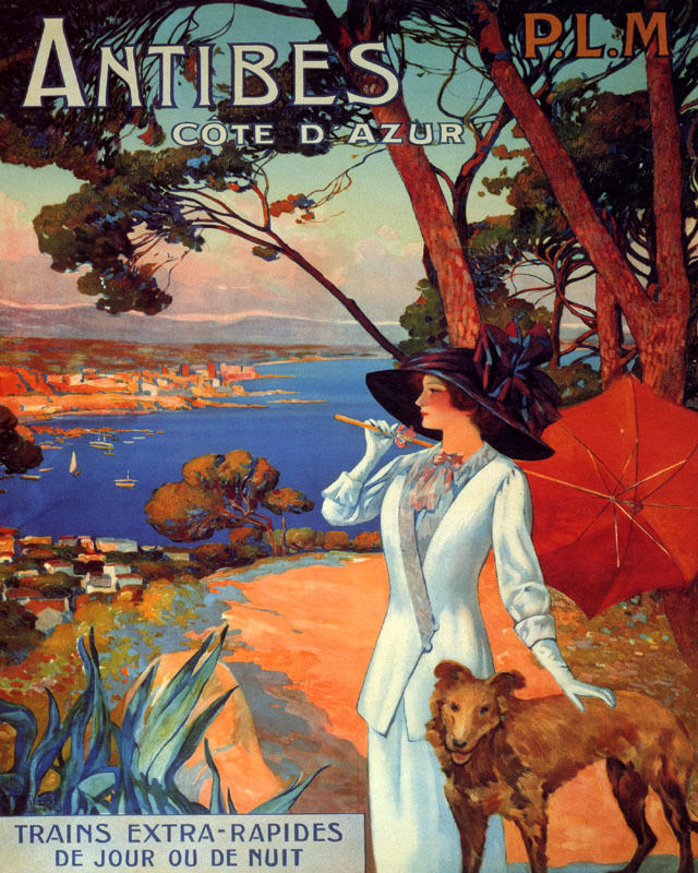 Poster Antibes Cote D'azur Ocean View Lady Dog France Vintage Repro Free S/H