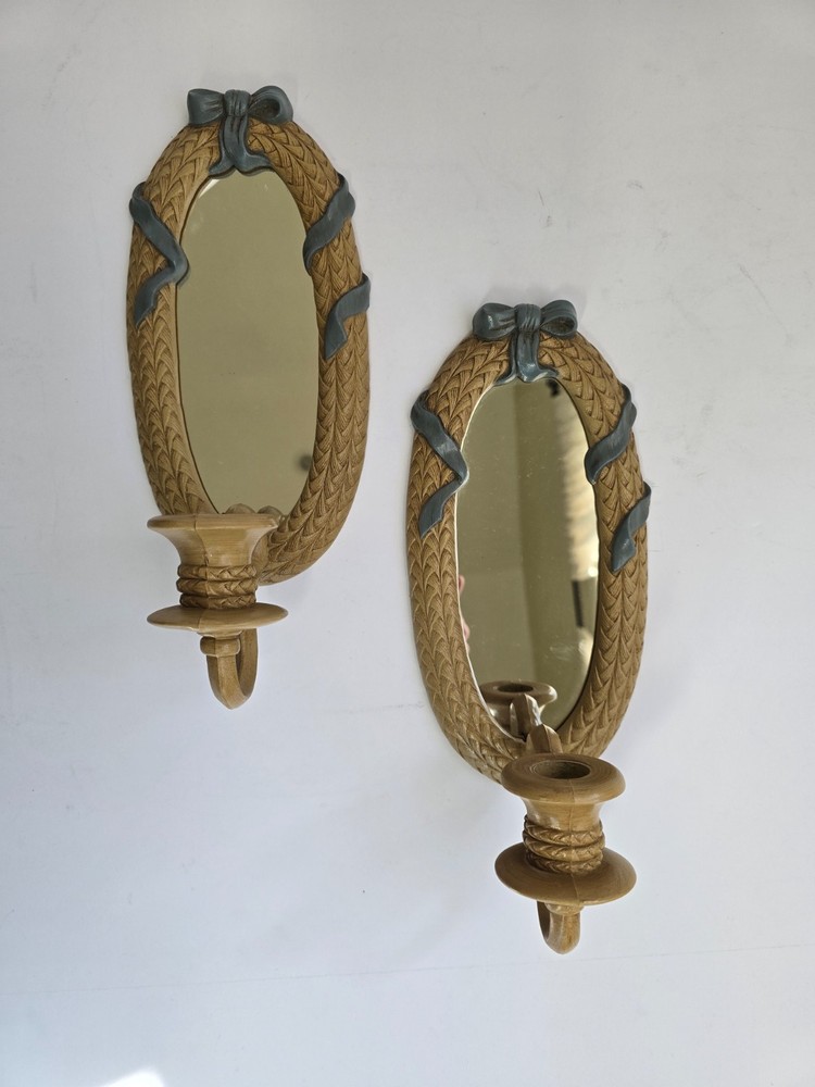 Set 2 Vintage Burwood Faux Wicker Wall Mirror Candle Sconces Blue Ribbon USA
