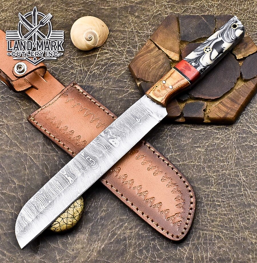 CUCHILLO DE CHEF DE COCINA DE ACERO DAMASCO HECHO A MANO PERSONALIZADO CON MANGO DE RESINA Y MADERA