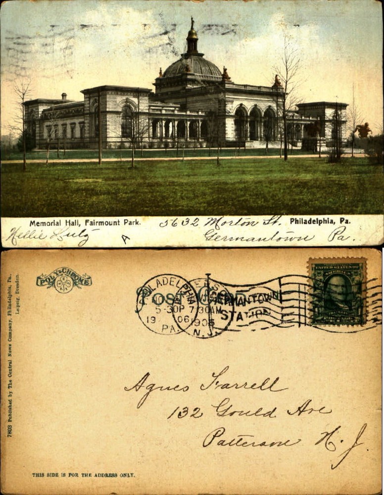 Memorial Hall Fairmount Park Philadelphia PA UDB mailed 1906 vintage postcard