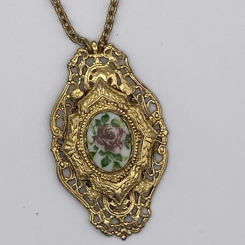 Vintage Victorian Revival filigree 27” necklace. Painted rose on porcelain