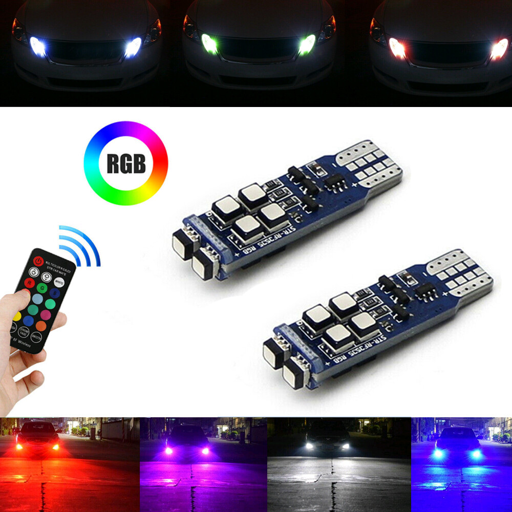 2pcs LED Multi Color Car Parking Light RGB 168 194 T10 Bulbs w/RF Remote Control