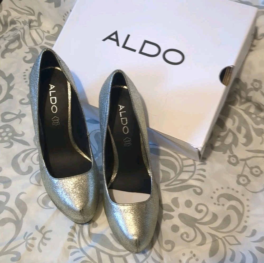 Aldo Caviel Silver Stiletto Platform Shoes Size 8 With Tag Box