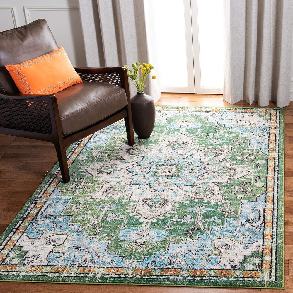 Madison Collection Area Rug - 3' Square, Green & Turquoise, Boho Chic Distres...