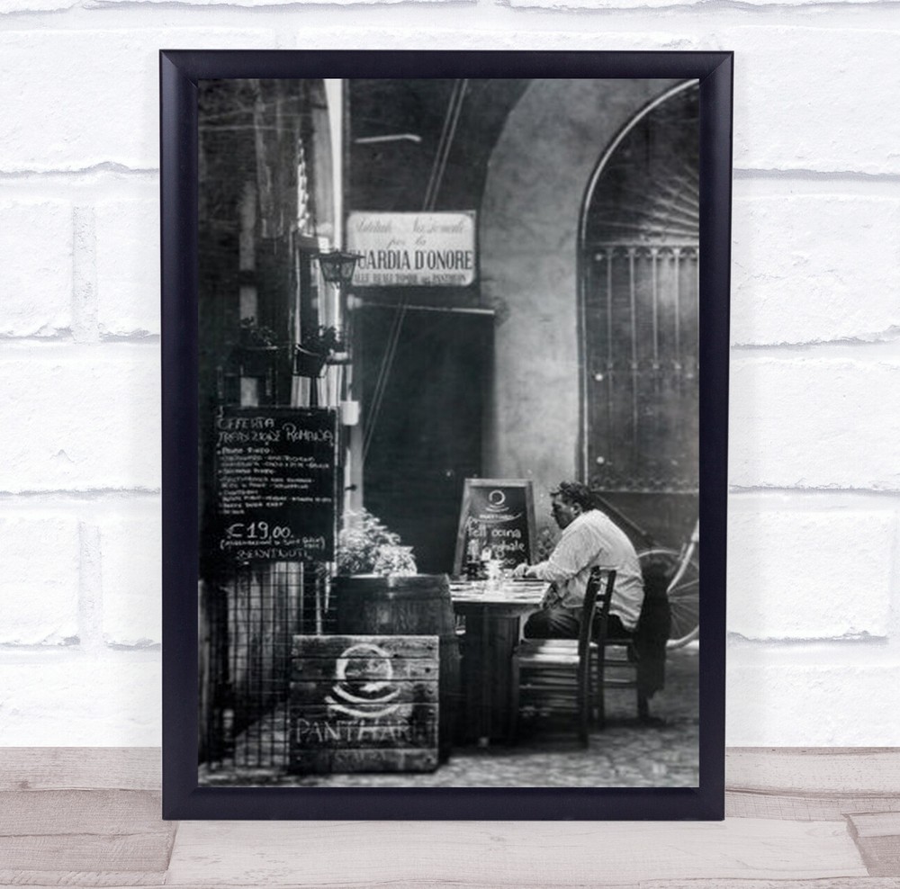 Street B&W Pub Bar Restaurant Table Man Sit Sitting Italy Gate Wall Art Print