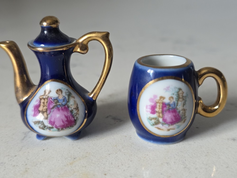Vintage Miniature Tea Set Limoges-Style Porcelain Cobalt Blue & Gold 2 Pieces