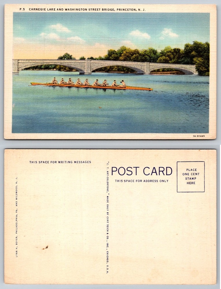 Princeton NJ Carnegie Lake Washington Street Bridge Rowing Crew Linen Postcard