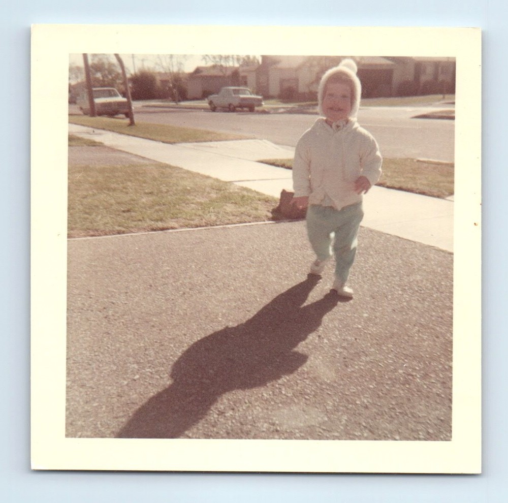 Old Vintage Square Color Photo SOLO GIRL IN DRIVEWAY JACKET BEANIE SNAPSHOT