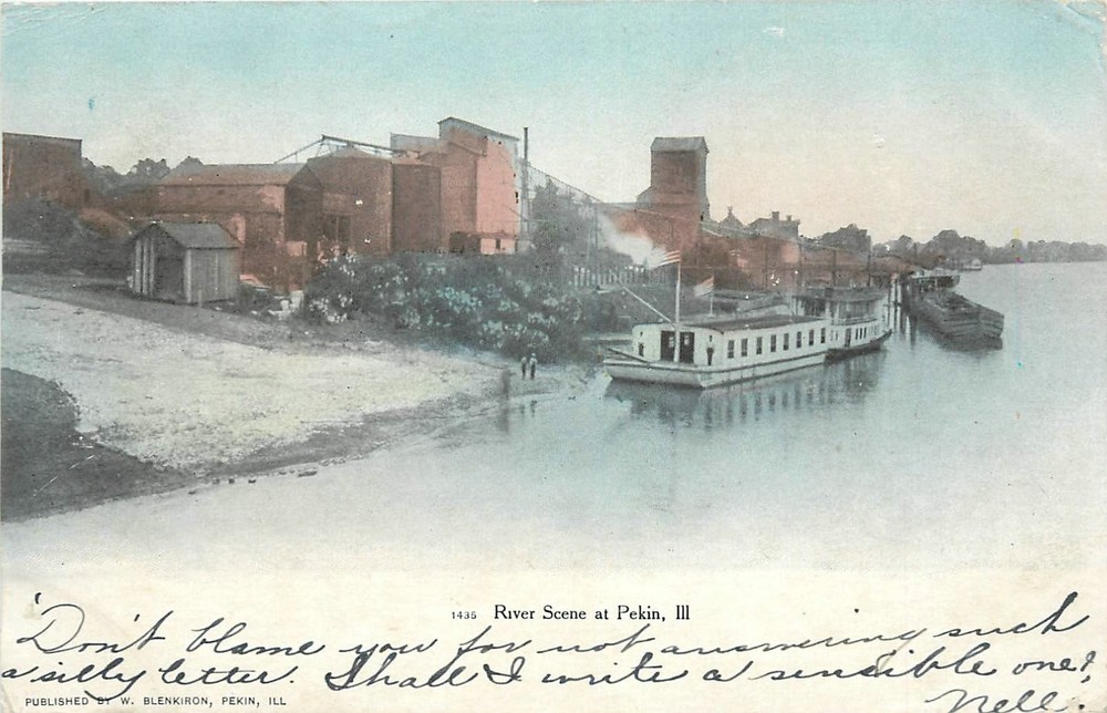 1907 Pekin Illinois River Scene Riverboat  undivided Blenkiron Postcard 25-9068