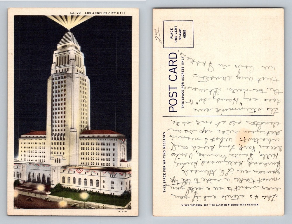Los Angeles, CA-California, City Hall Illuminated Tower Vintage Postcard