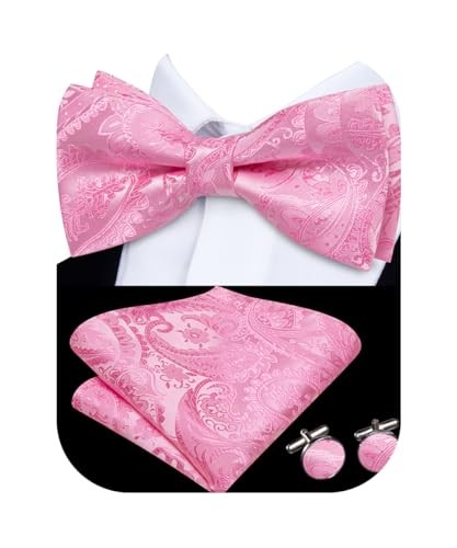 Men's Pre-Tied Bow Tie Set with Pink Paisley Pocket Square & Cufflinks