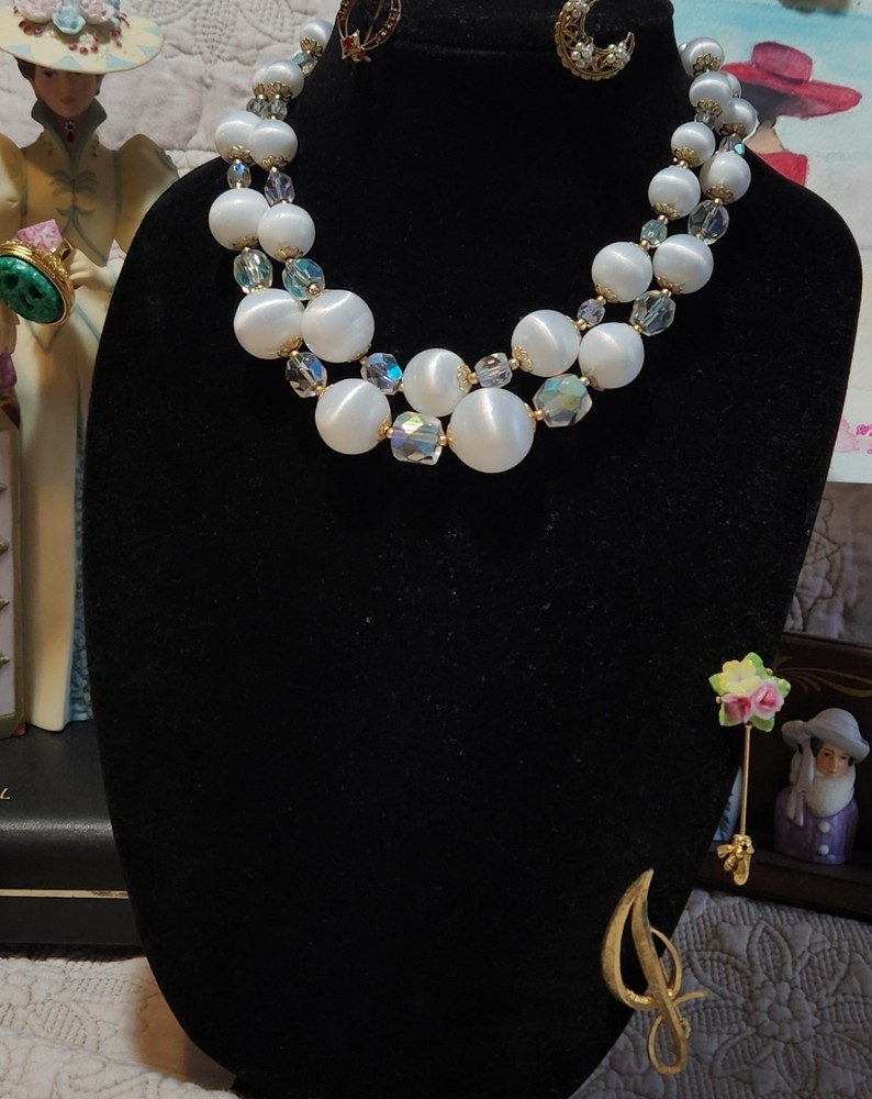 Vintage classic mid-century double-strand necklace acrylic and AB glass Japan