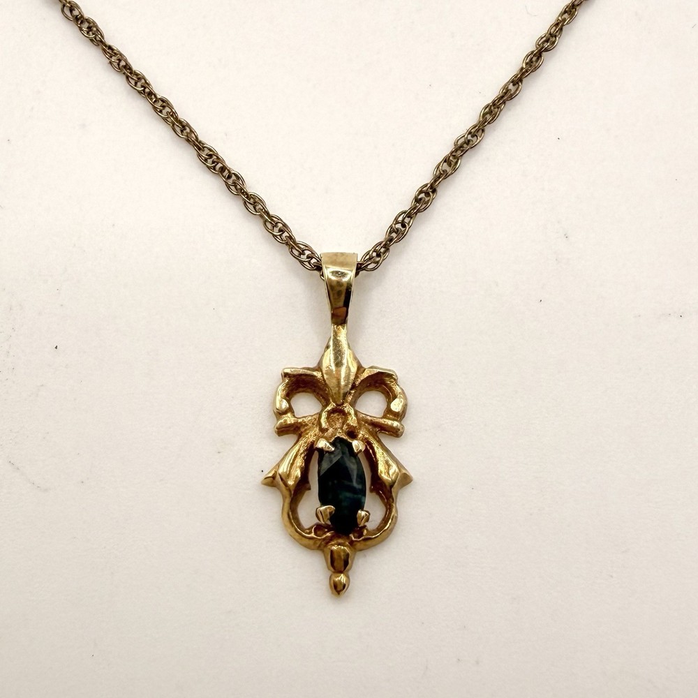 Vintage 14K Gold 585 Blue Marquise Pendant Necklace GF Chain Bow Lavaliere Style