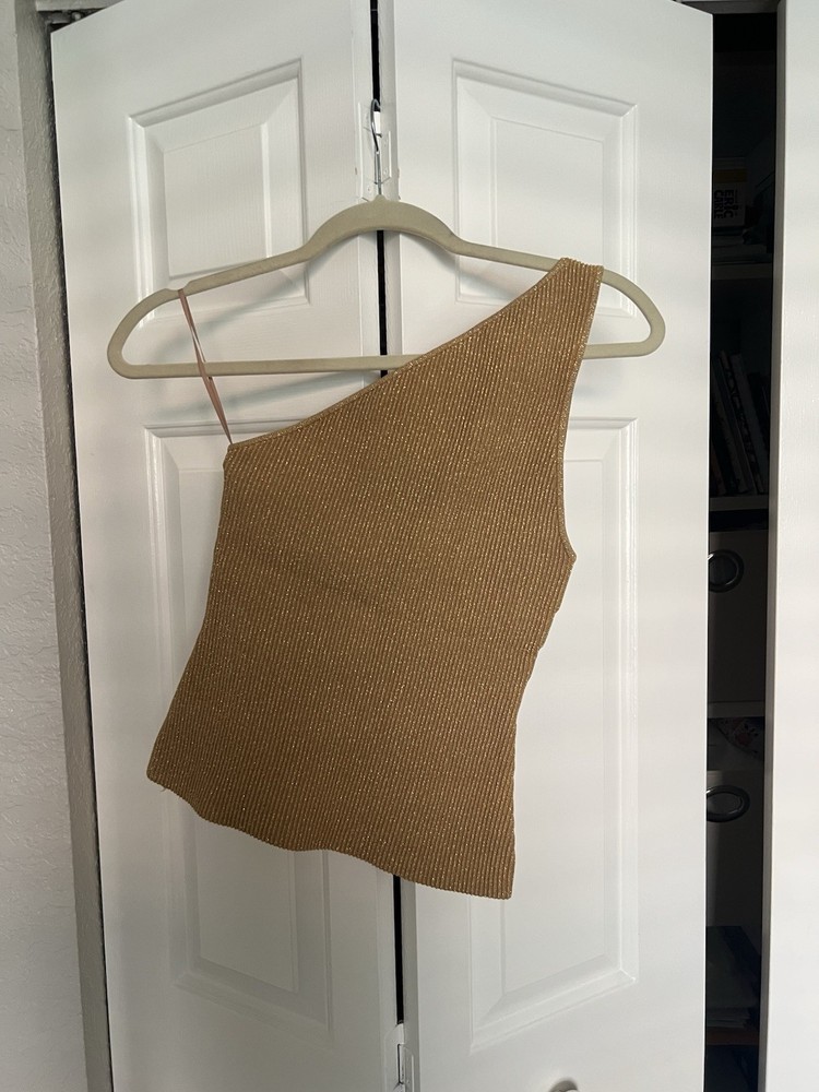 Babaton Women’s S Gold Sculpt Knit One-Shoulder Glitter Knit Tank Top