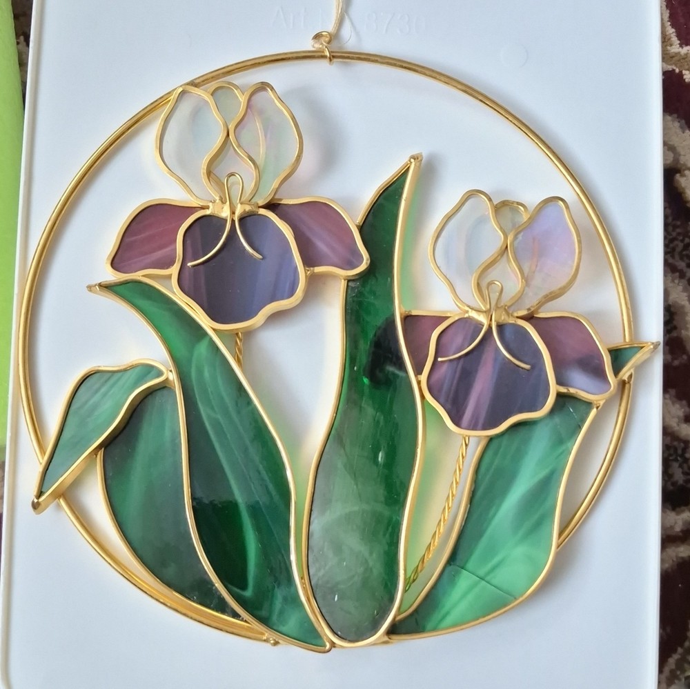 Unmarked Stained Glass Floral Suncatcher Green Purple Ready To Hang Decor