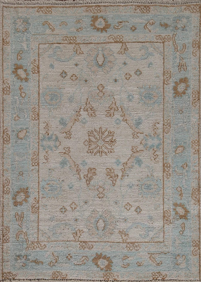 Hand Knotted Oushak Rug Muted Light Blue Beige Turkish Wool Area Rug