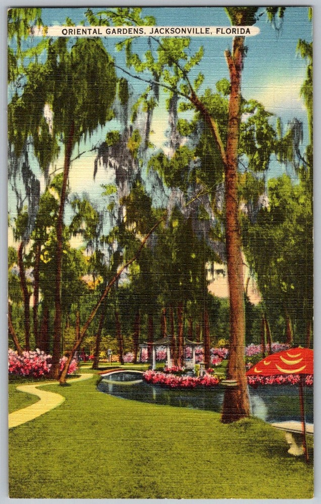 Vtg Linen Postcard Oriental Gardens Pond Jacksonville, FL 1930s