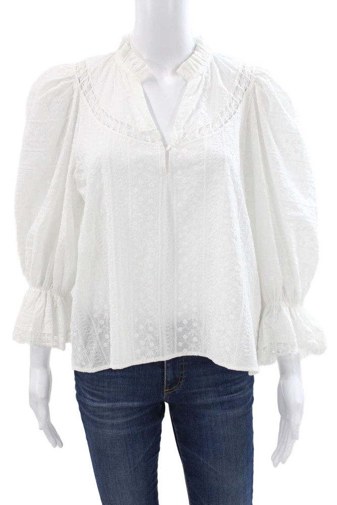 Maje Womens Floral V-Neck Cotton Long Sleeve Blouse Button White Size 2Free Shipping in US $100+ Orders | $6.95 Orders Below