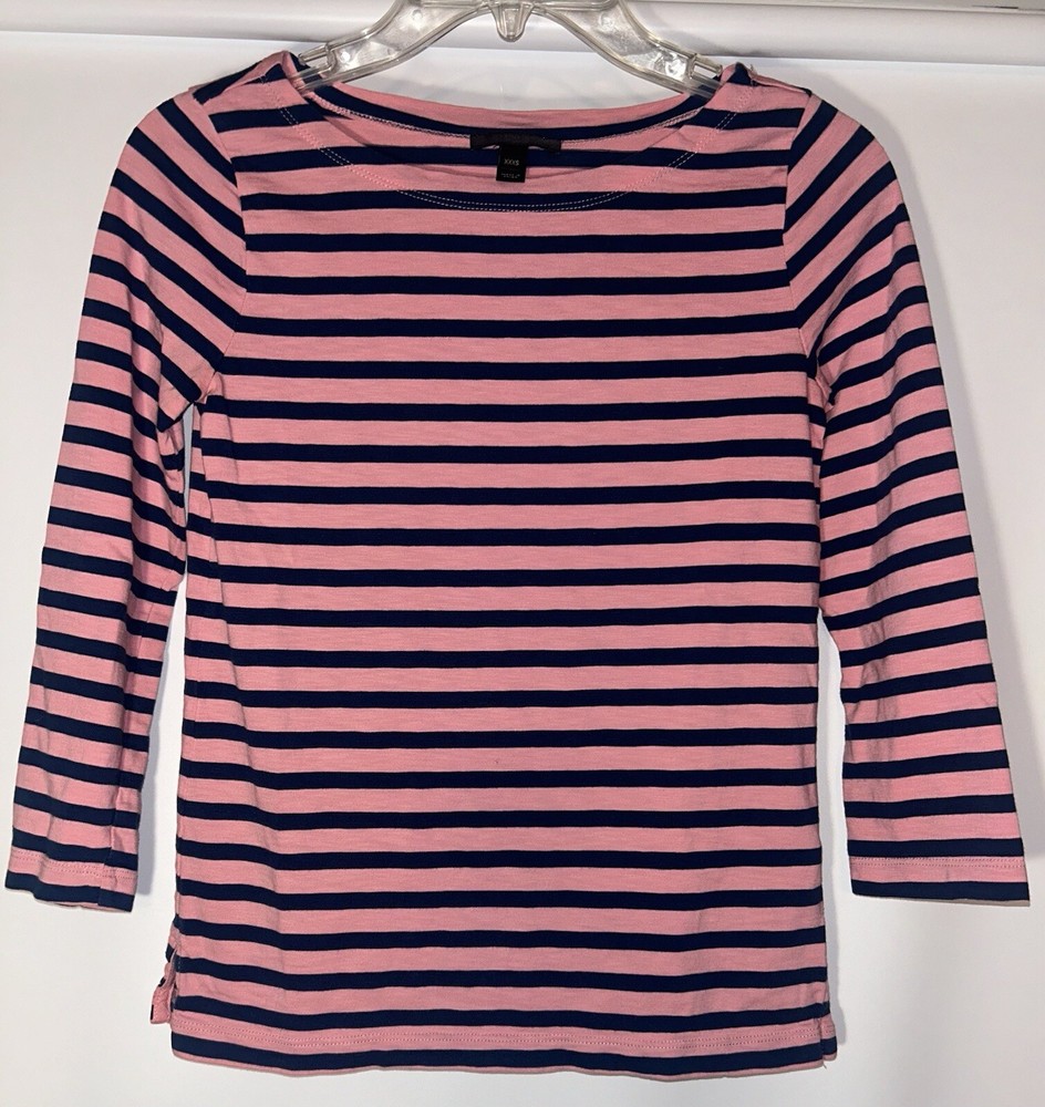 J. Crew Women's (XXXS) Navy Blue/Pink Striped Wide Neck Long Sleeve T-Shirt