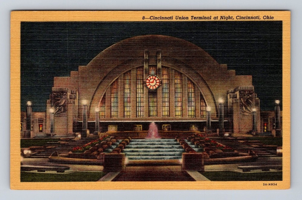 Cincinnati OH-Ohio, Union Terminal Building At Night, Fountain, Vintage Postcard