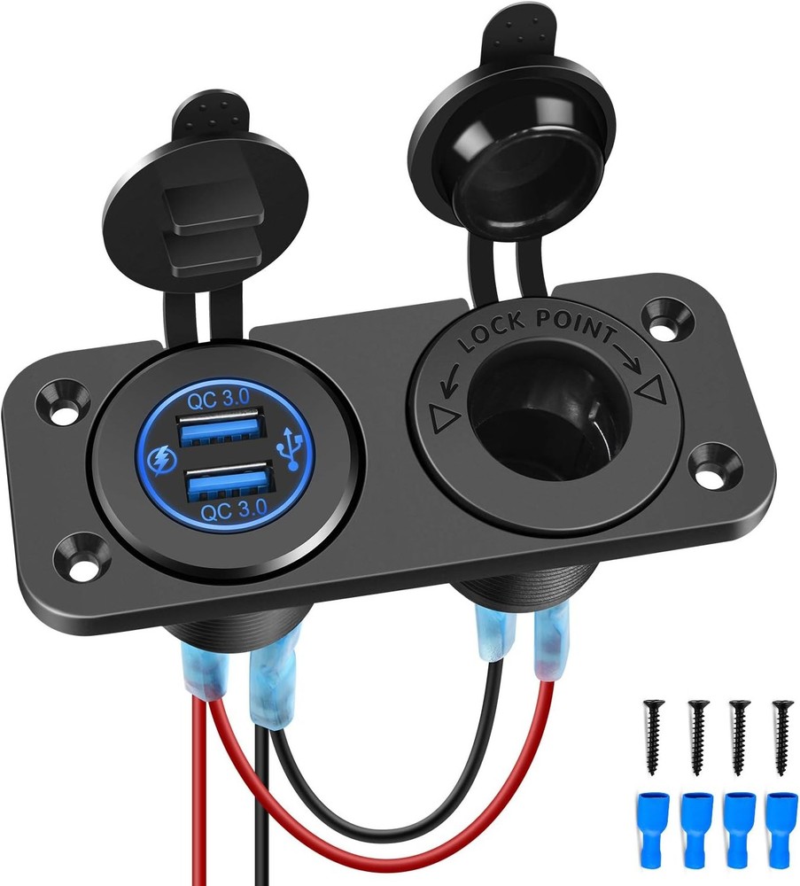 QC 3.0 USB Charger and Cigarette Lighter Socket Pre-Wired 12V-24V Dual USB Car C