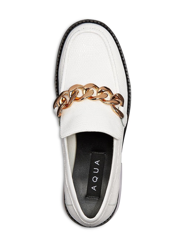 AQUA Womens White Bone Lizard Chain Lena Slip On Leather Heeled Loafers 6.5 M