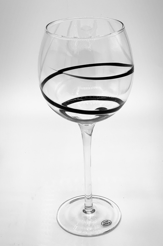 Black Swirl Wine Glass Balloon Goblet Hand Blown 9 1/4