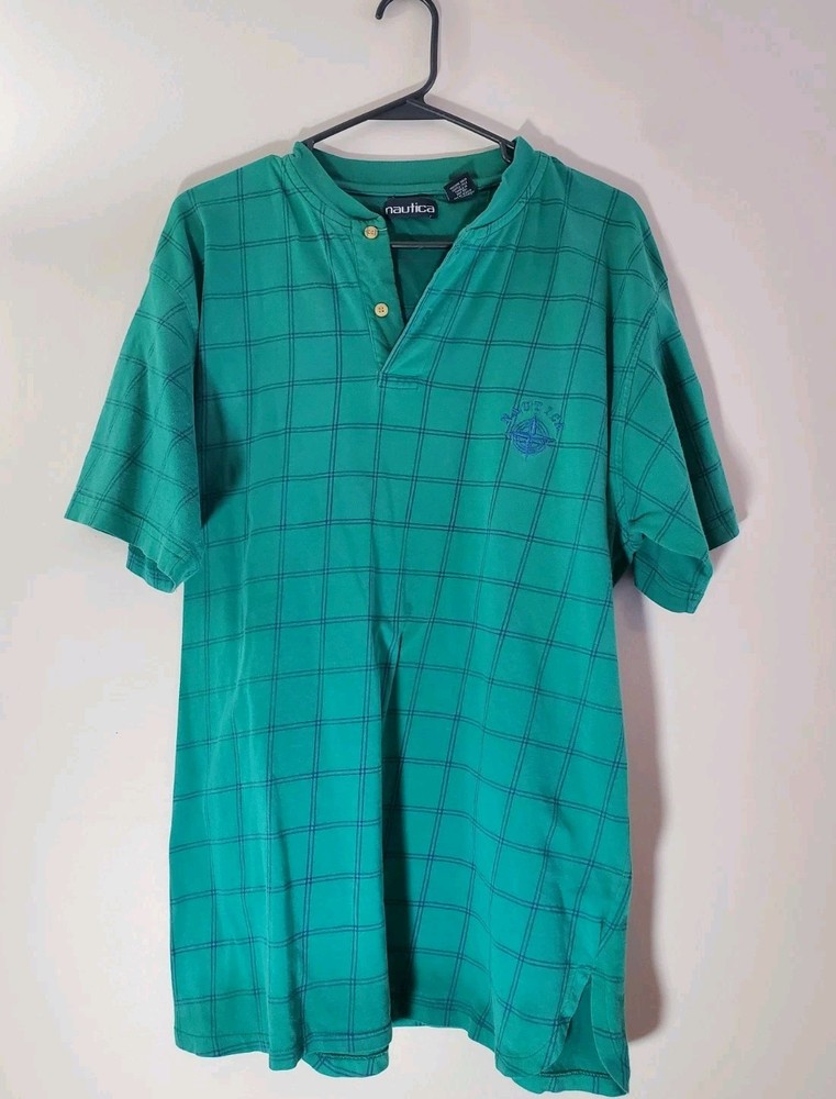 Vintage 90s NAUTICA Green/Blue Plaid  Button T-Shirt~Men's Size L/XL~100% Cotton