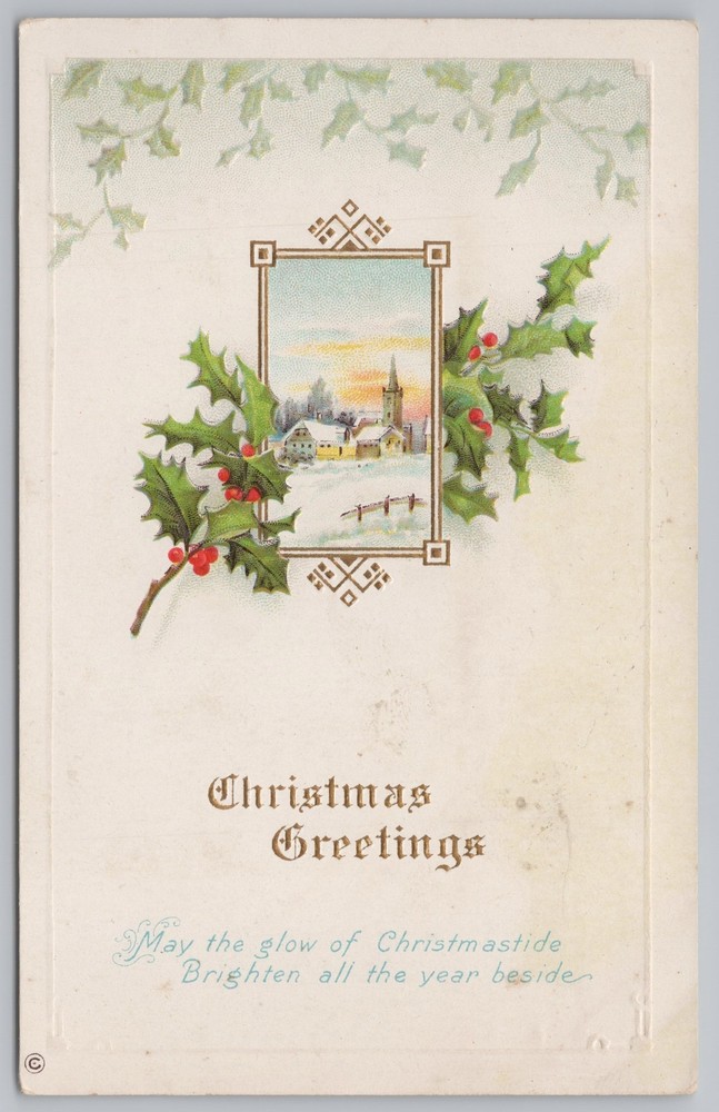 Holiday~Christmas~Winter Town~Church~Holly~Stecher Vintage Postcard