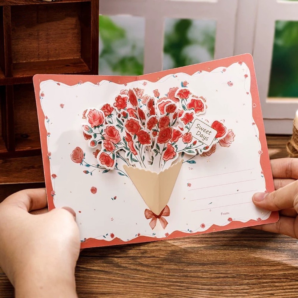 3D Pop UP Rose Bouquet Greeting Card Birthday Valentine Gift Love Card
