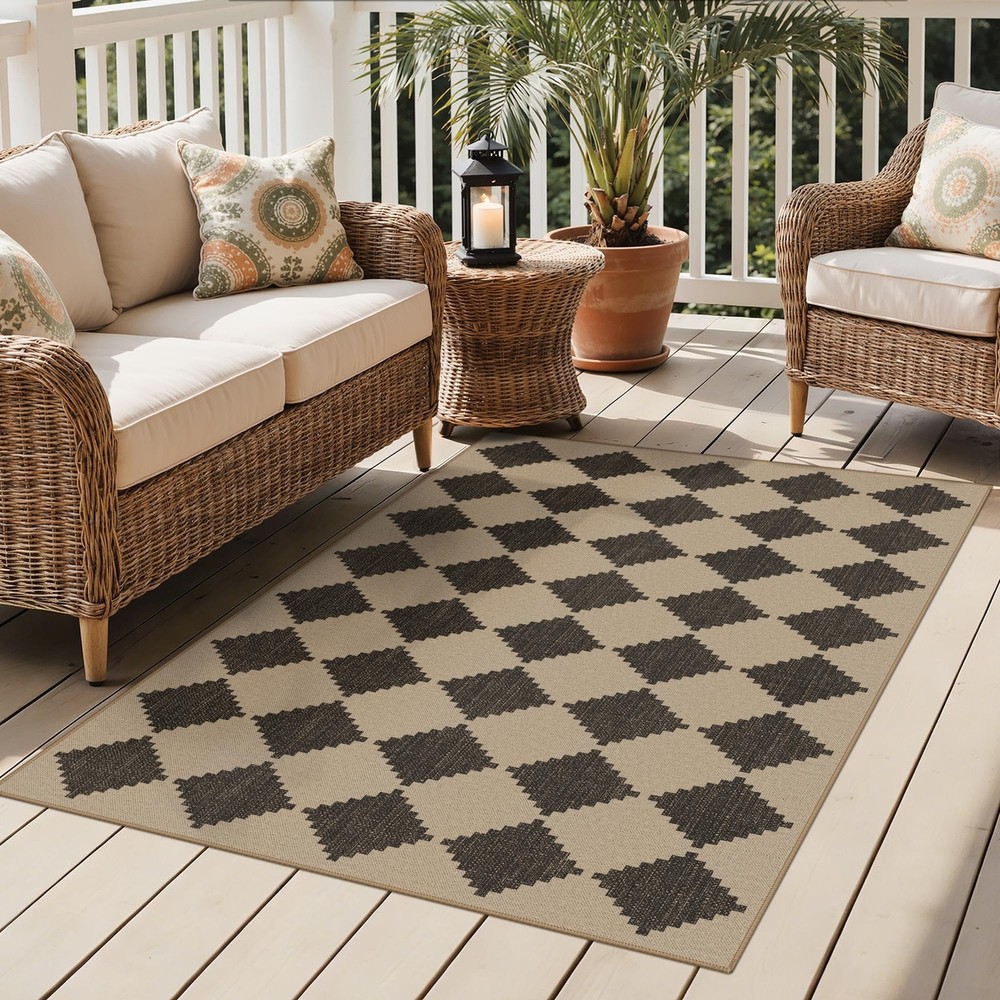 Indoor Outdoor Area Rug 5'x8', Checkered Easy Jute Rug Machine Washable, Easy...