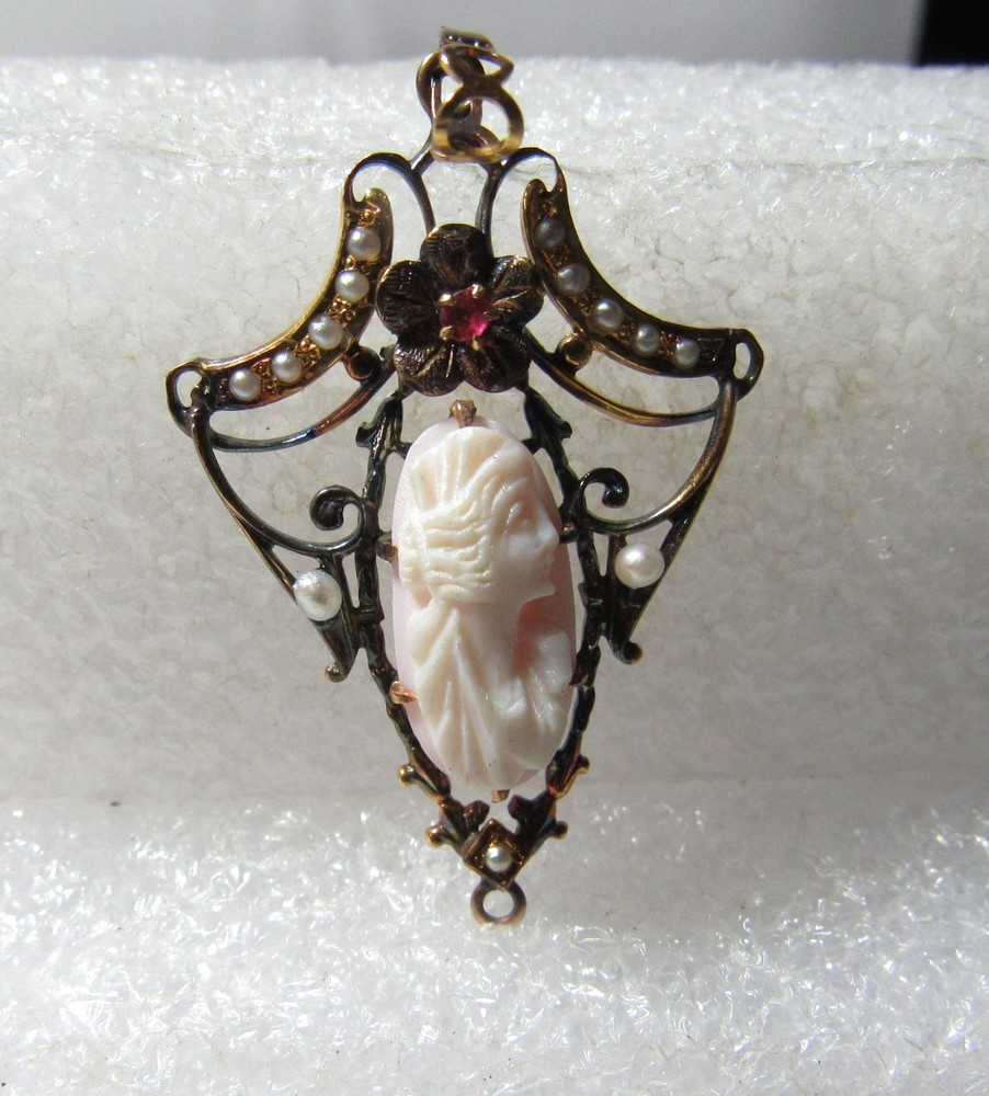 Antique 10K Solid Gold Lavaliere/ Pendant W/ Angel Skin Coral Cameo & Pearls