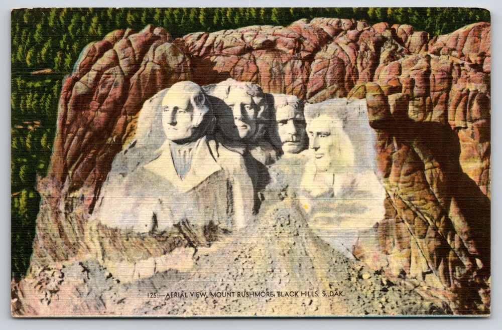 Black Hills South Dakota~Air View Mount Rushmore~Vintage Linen Postcard
