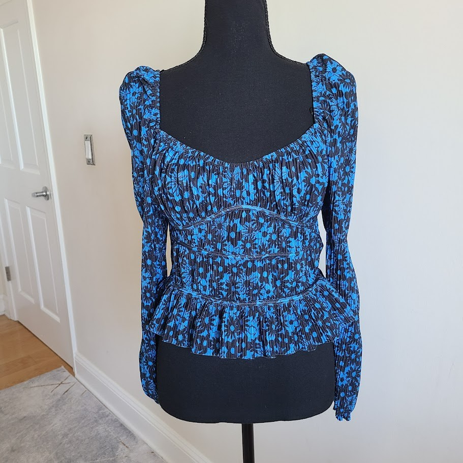 ZARA Smocked Peplum Blouse Blue Black Floral Puff Sleeve Top Size M Cottagecore