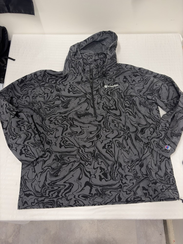 Champion Packable 1/4 Zip Anorak Jacket Black & Gray Marble Mens Size 2XL Hooded