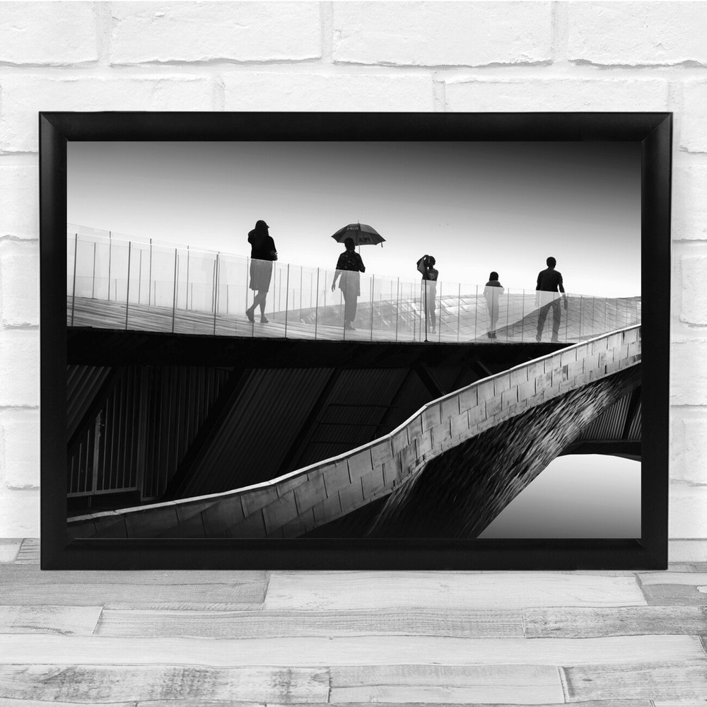 Street Umbrella Bridge Silhouettes Black & White Wall Art Print