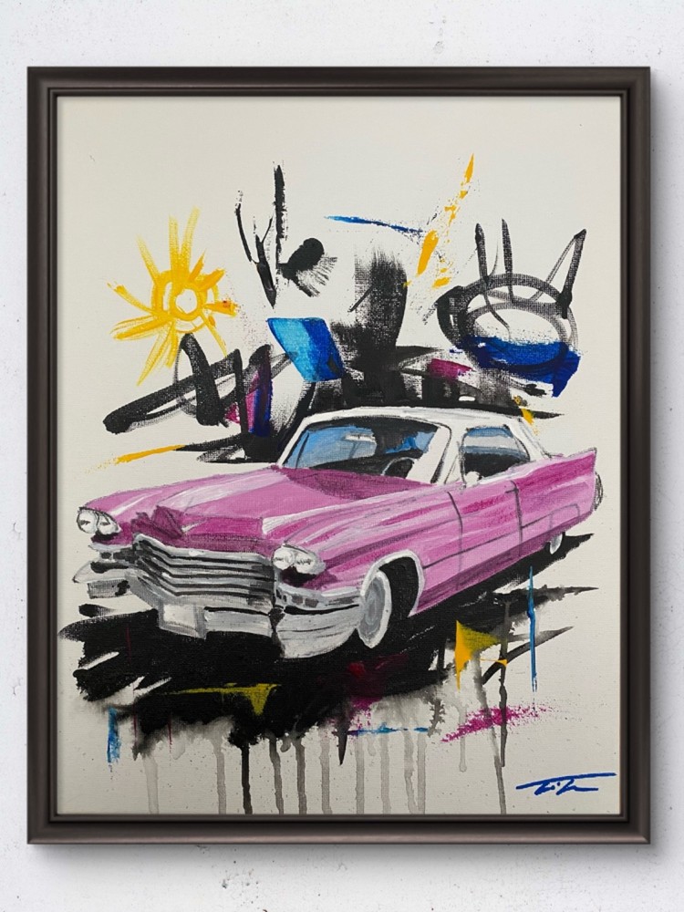 Pink Cadillac Graffiti Original Art 14x11 Canvas
