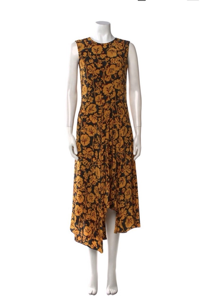 $795 KENZO 100% Silk Brown Floral Black Midi Sleeveless Crew Neck Dress Size S