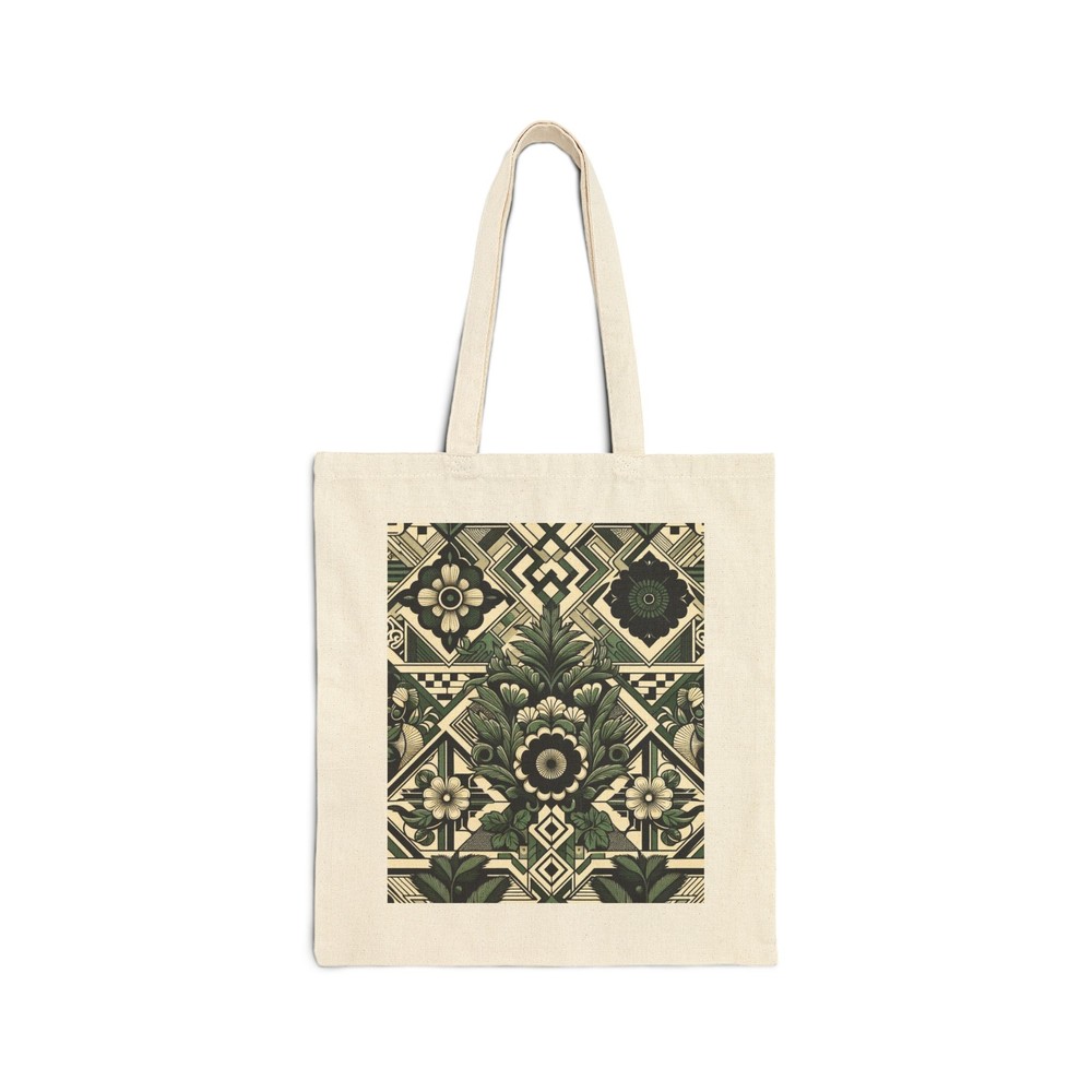 Floral Cotton Canvas Tote Bag in Green Black and White Design Gift