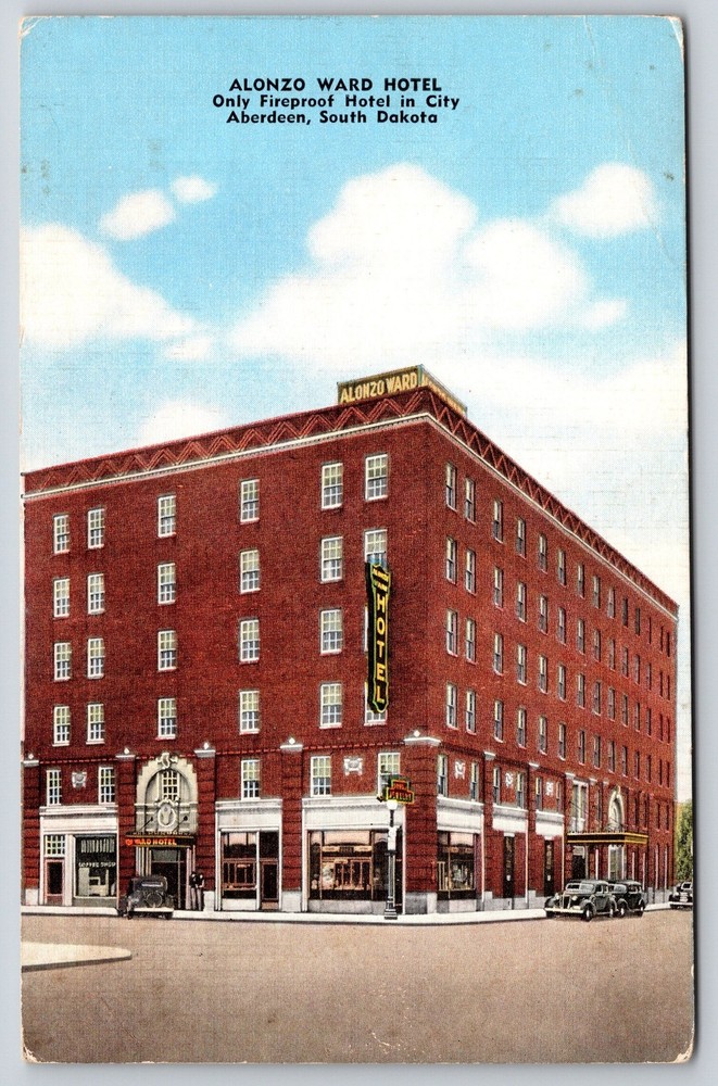 Aberdeen South Dakota~Alonzo Ward Hotel~Sign~Red Brick Bldg~Linen 1945 Postcard