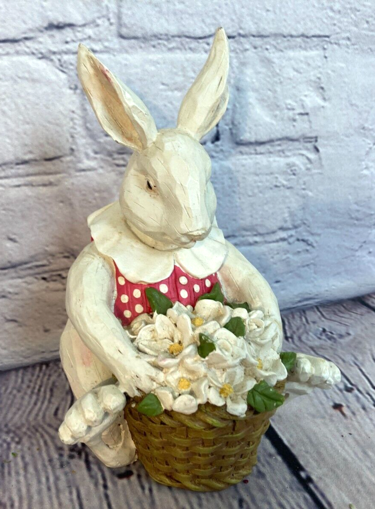 Chaleco rosa resina blanca conejo de Pascua flores figura 7