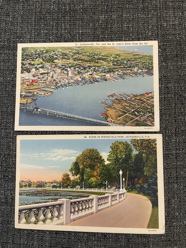 Linen Postcards Jacksonville, FL and St. Johns River From Air & Springfield Park