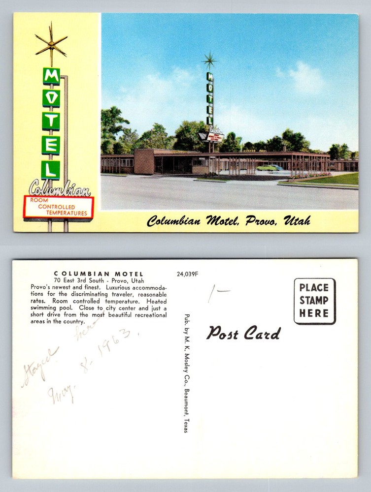 Provo, UT-Utah, The Columbian Motel & Pool Street View Vintage Postcard