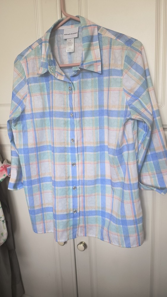 Alfred Dunner Womens Blouse Small  blue plaid button up top casual classic (A10