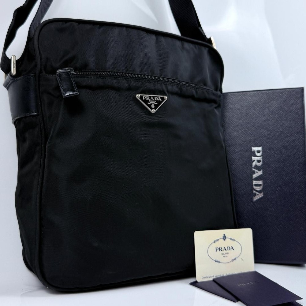 Prada Black Nylon Shoulder Bag with Silver Triangle Logo and Hardware