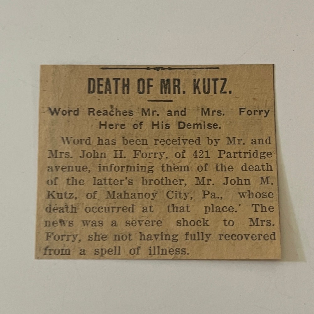 Death Of Mr John M Kutz Of Mahanoy City 1907 Lebanon PA Clipping SAH6-S4