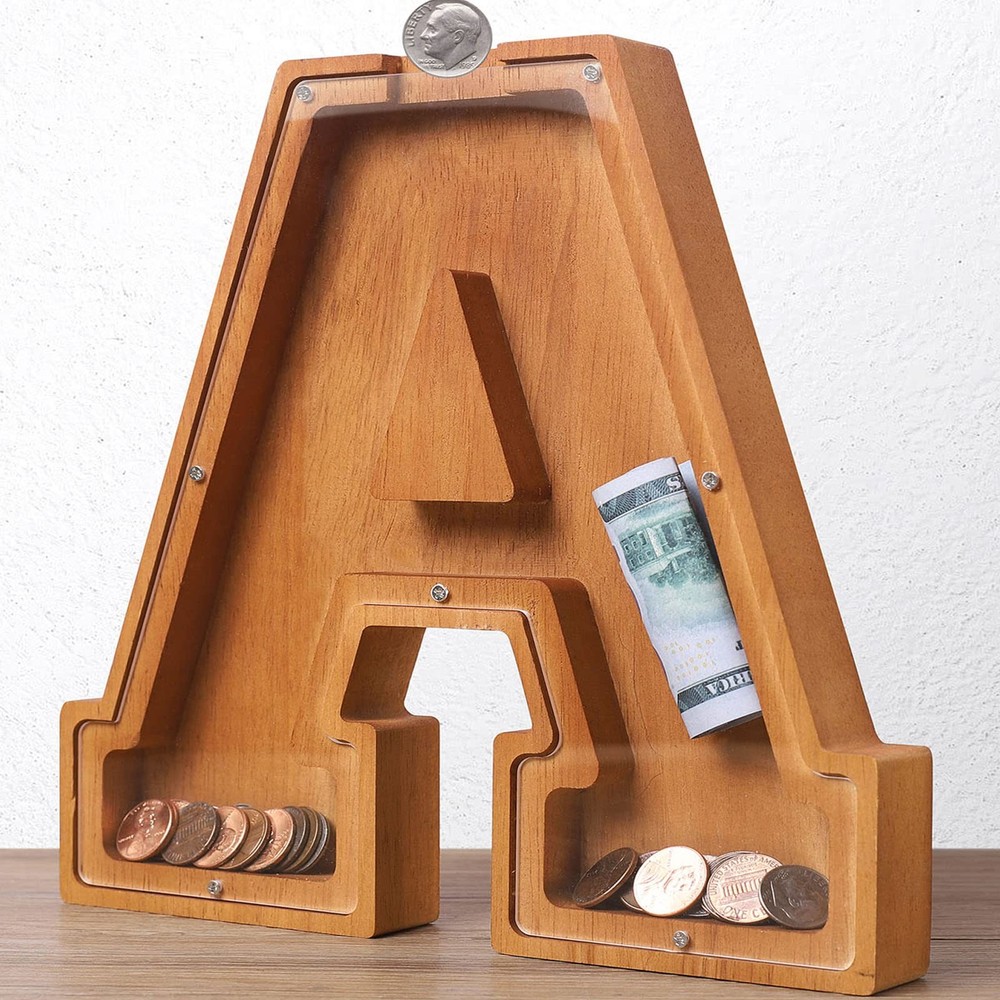 Wooden Letter Piggy Bank for Kids Boys Girls Large 26 Alphabet Money Bank Per...