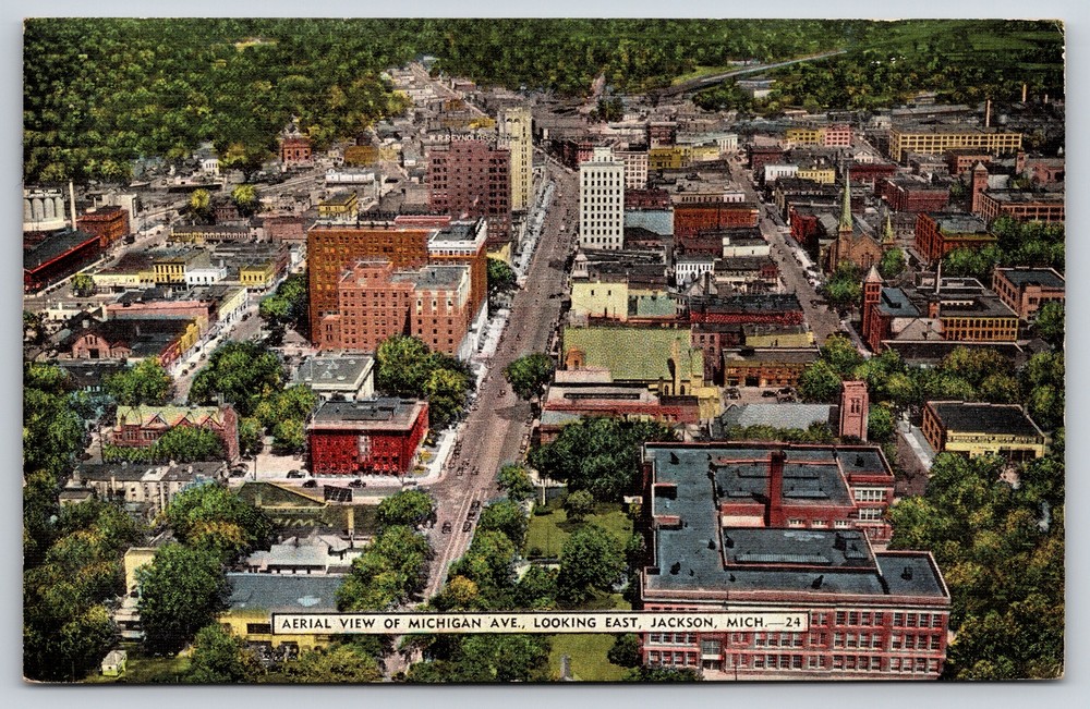 Jackson Michigan~Air View Michigan Avenue Looking East~Vintage Linen Postcard