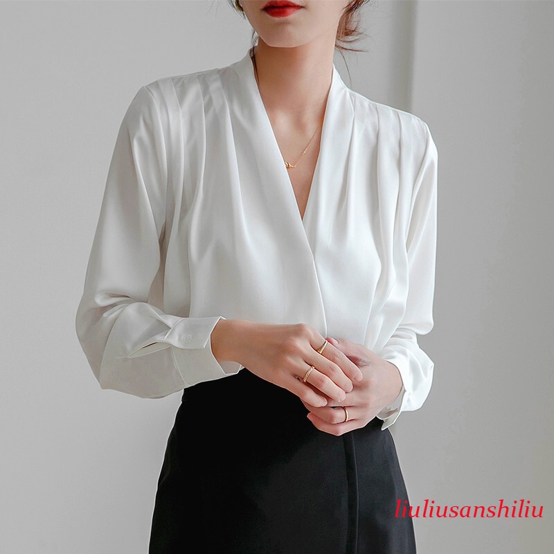 Women Satin Long Sleeve Shirt Tops V-Neck Office Solid Loose Simple Blouse