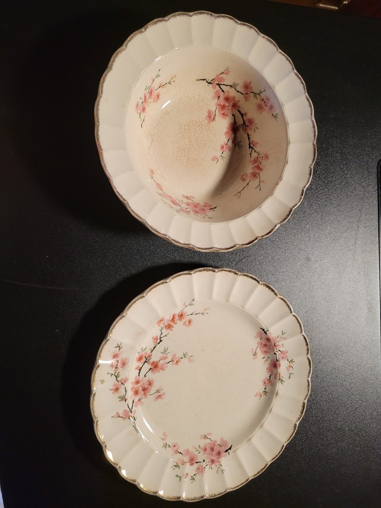 British Empire Wares Peach Blossom Warranted 22k Gold China Plate & Serving Bowl